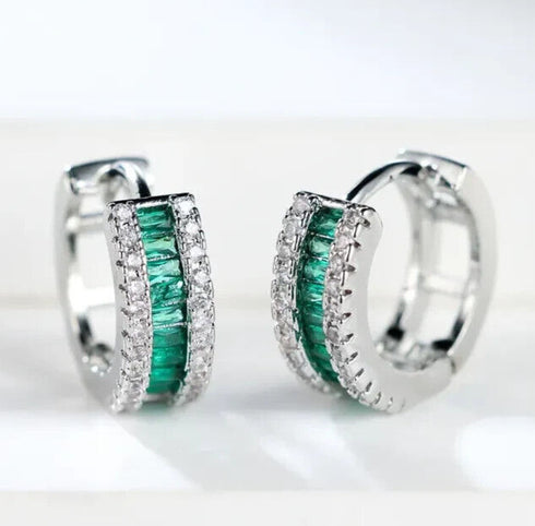 Iced Out 14K White Gold Plated Pave Green Cubic Zirconia Men Women Hoop Earrings